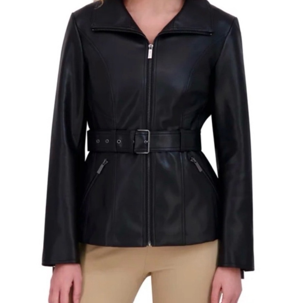 Kenneth Cole Black Leather Belted Jacket
